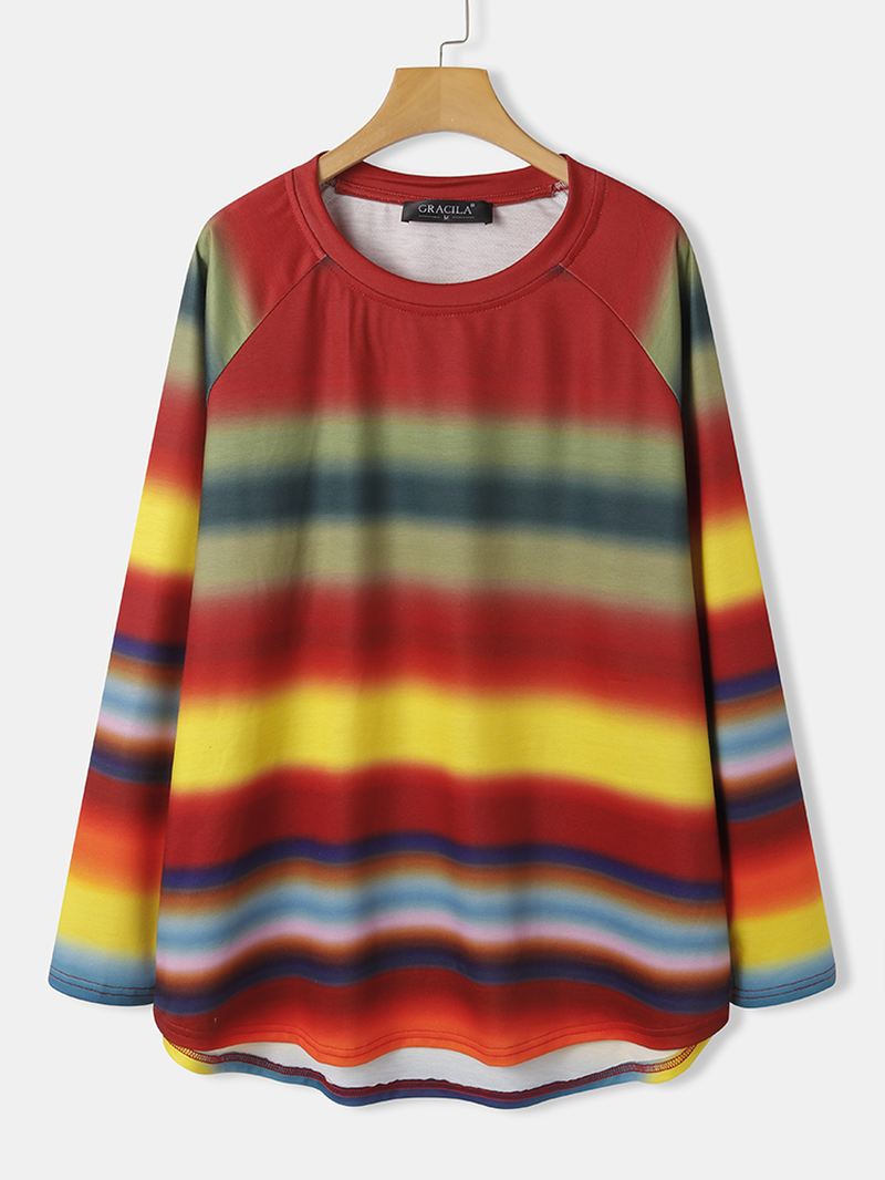 Kvinder Multi Colour Ombre Stribet O-hals Raglan Sleeve Casual Sweatshirts