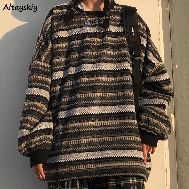 Kvinder Oversize Ulzzang Bf Unisex-par Japansk Stribet Striktrøje Hiphop Kvinde Ny Vintermode