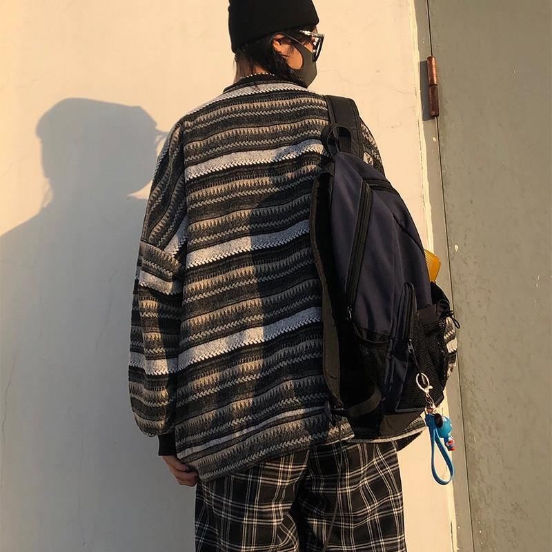 Kvinder Oversize Ulzzang Bf Unisex-par Japansk Stribet Striktrøje Hiphop Kvinde Ny Vintermode