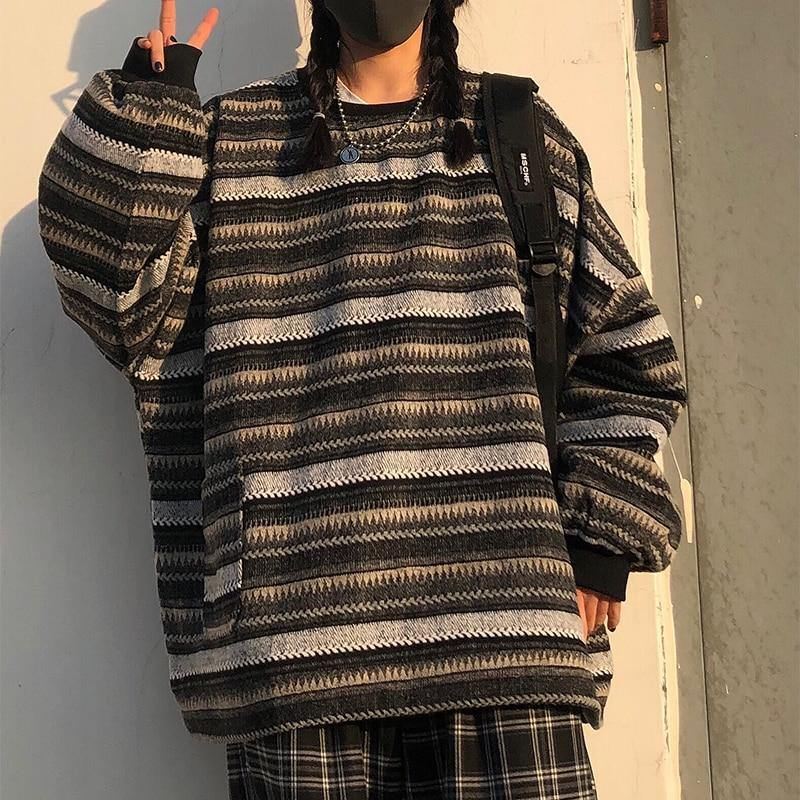 Kvinder Oversize Ulzzang Bf Unisex-par Japansk Stribet Striktrøje Hiphop Kvinde Ny Vintermode