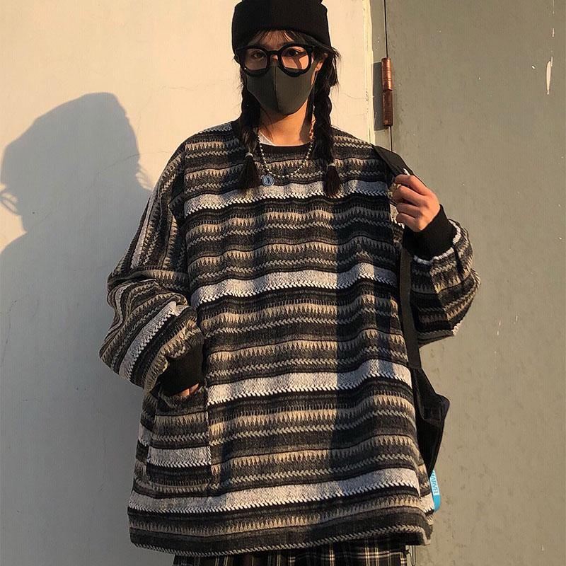 Kvinder Oversize Ulzzang Bf Unisex-par Japansk Stribet Striktrøje Hiphop Kvinde Ny Vintermode