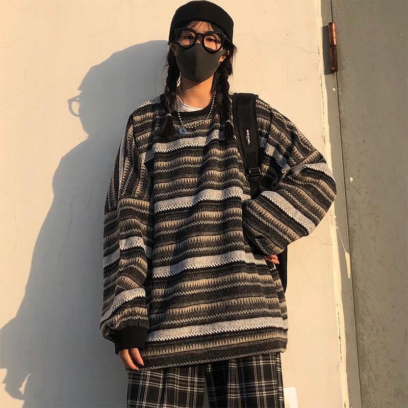 Kvinder Oversize Ulzzang Bf Unisex-par Japansk Stribet Striktrøje Hiphop Kvinde Ny Vintermode