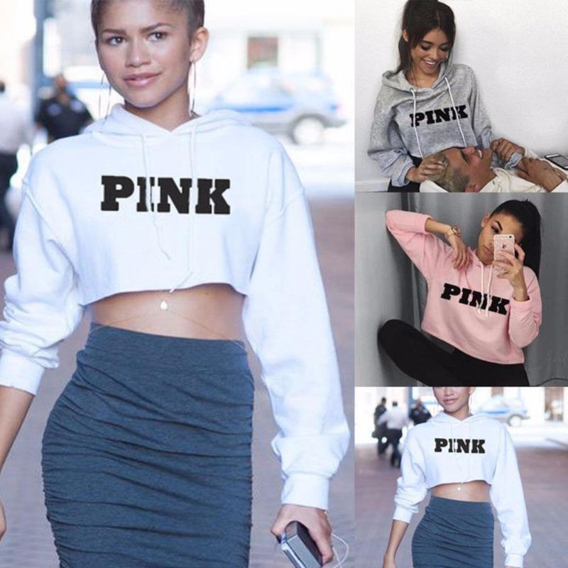 Kvinder Oversized Hættetrøjer Jumper Sweatshirt Kvinde Pink Cropped Top