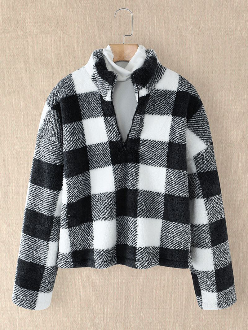 Kvinder Plaid Med Tryk Halv Lynlås Front Pullover Sweatshirts Varme Frakker