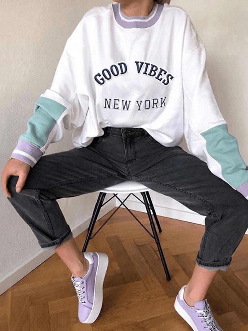 Kvinder Slogan Med Tryk Patchwork Strikning Rund Hals Pullover Drop Shoulder Sweatshirt