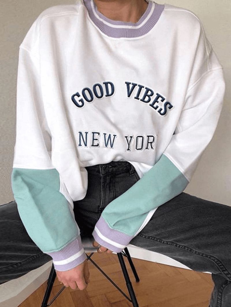 Kvinder Slogan Med Tryk Patchwork Strikning Rund Hals Pullover Drop Shoulder Sweatshirt