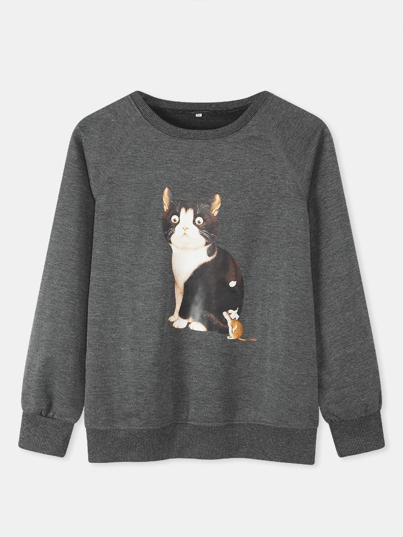 Kvinder Sød Kat Grafik Rund Hals Afslappet Raglan Ærmer Sweatshirts