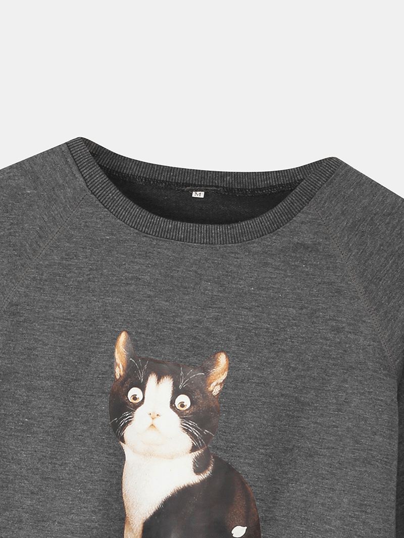 Kvinder Sød Kat Grafik Rund Hals Afslappet Raglan Ærmer Sweatshirts