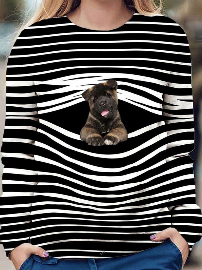 Kvinder Stripe 3d Dog Med Tryk Pullover O-hals Langærmede Casual Sweatshirts