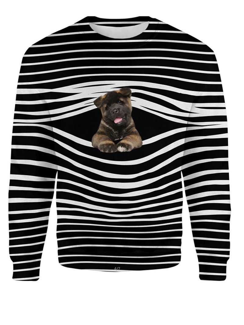 Kvinder Stripe 3d Dog Med Tryk Pullover O-hals Langærmede Casual Sweatshirts