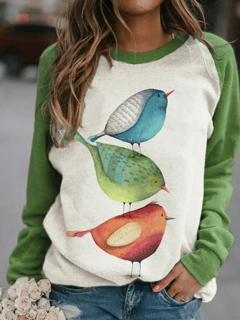 Kvinder Tegneserie Bird Med Tryk O-hals Raglan Ærmer Pullover Sweatshirts