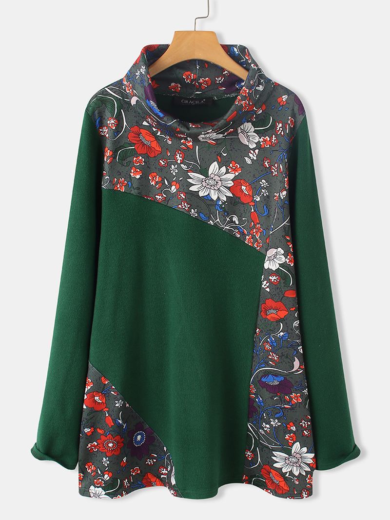 Kvinder Vintage Blomsterprint Patchwork Rullekrave Langærmede Sweatshirts