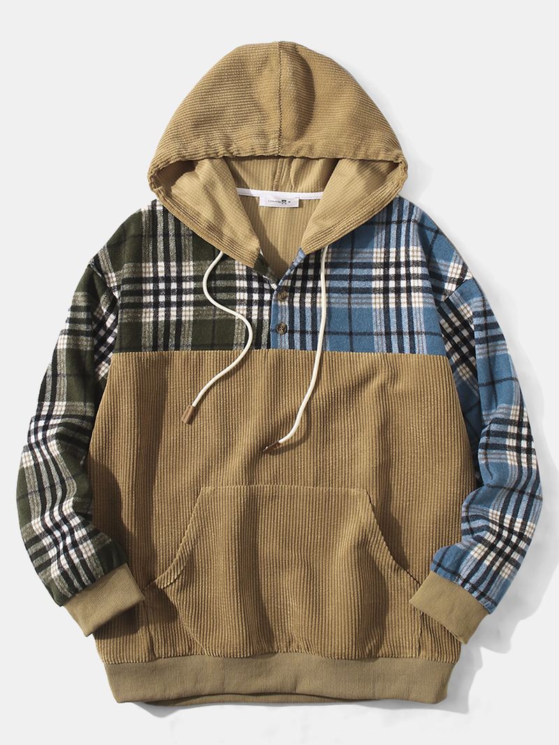 Mænd Corduroy Plaid Patchwork Kangaroo Pocket Button Sweatshirt