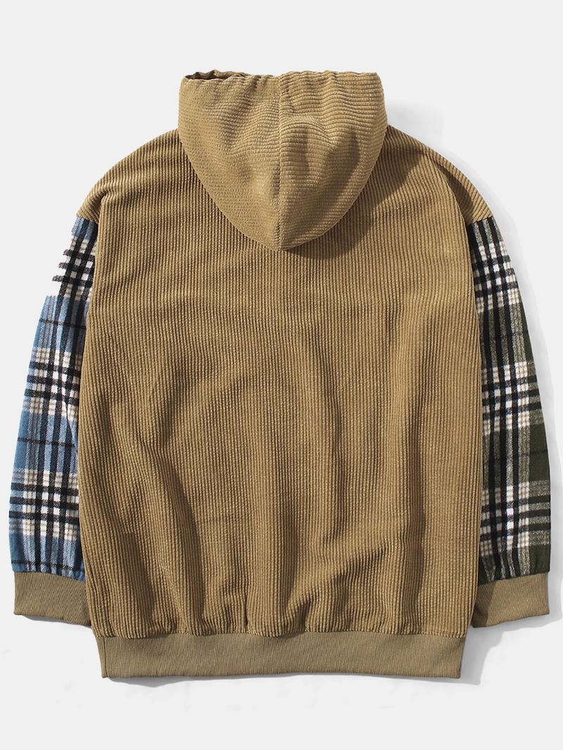 Mænd Corduroy Plaid Patchwork Kangaroo Pocket Button Sweatshirt