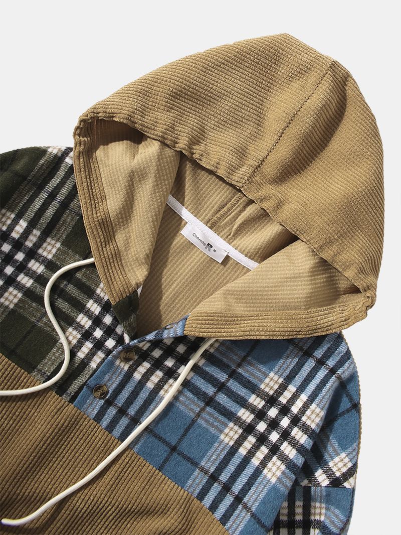 Mænd Corduroy Plaid Patchwork Kangaroo Pocket Button Sweatshirt