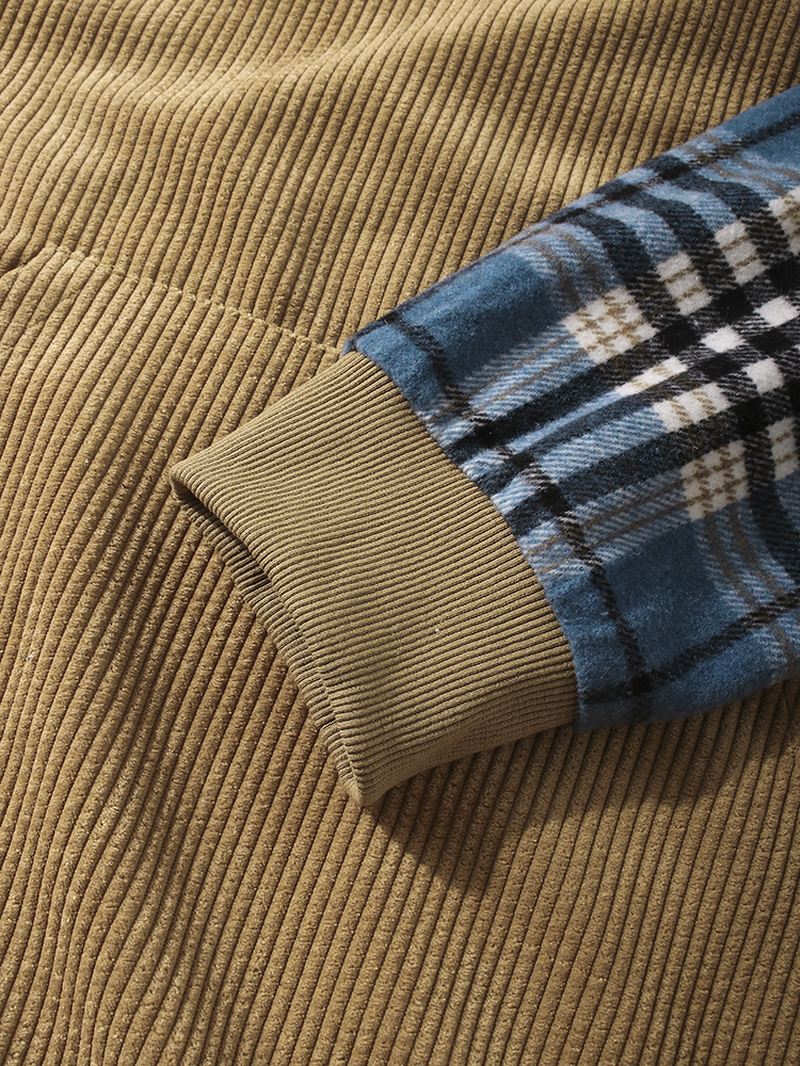 Mænd Corduroy Plaid Patchwork Kangaroo Pocket Button Sweatshirt