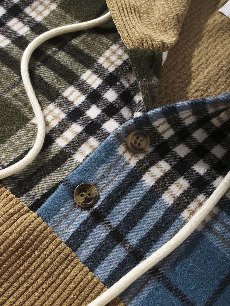 Mænd Corduroy Plaid Patchwork Kangaroo Pocket Button Sweatshirt