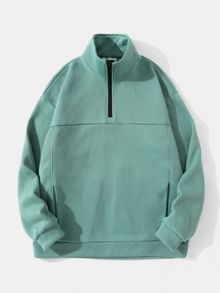 Mænd High Collar 1/3 Zip Pure Solid Color Lommer Pullover Sweatshirt