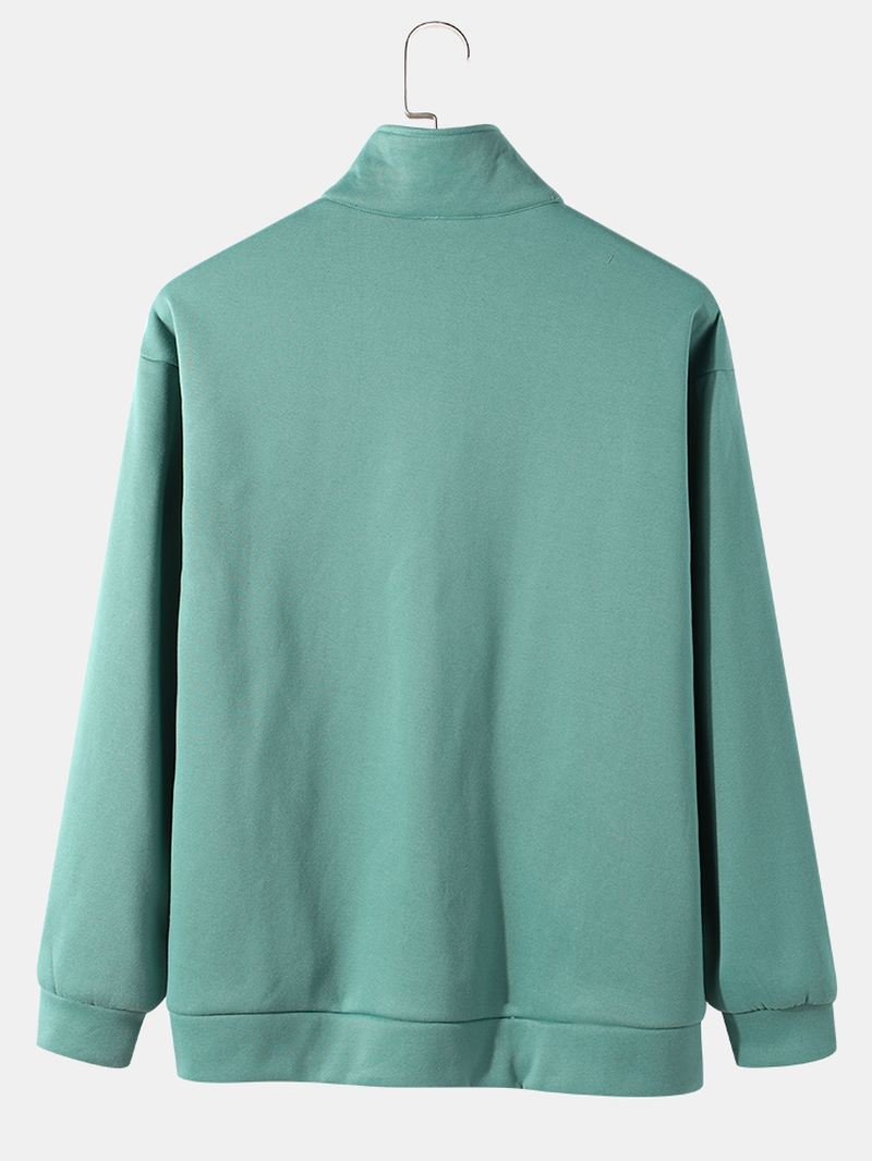 Mænd High Collar 1/3 Zip Pure Solid Color Lommer Pullover Sweatshirt