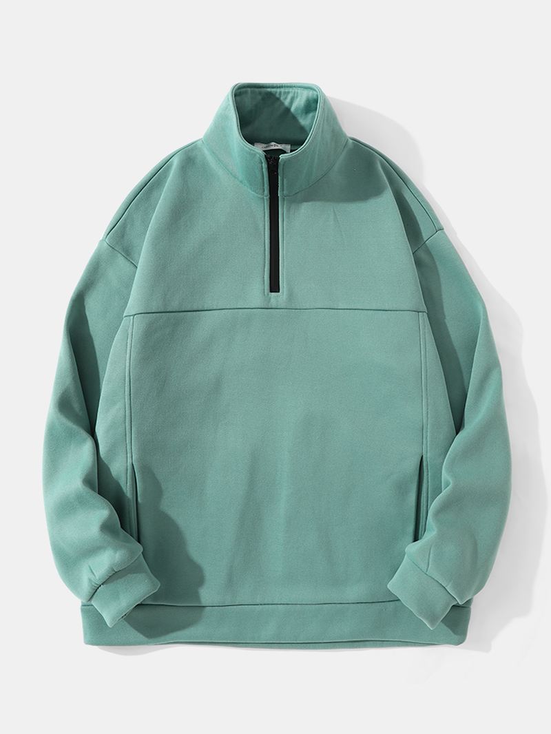 Mænd High Collar 1/3 Zip Pure Solid Color Lommer Pullover Sweatshirt