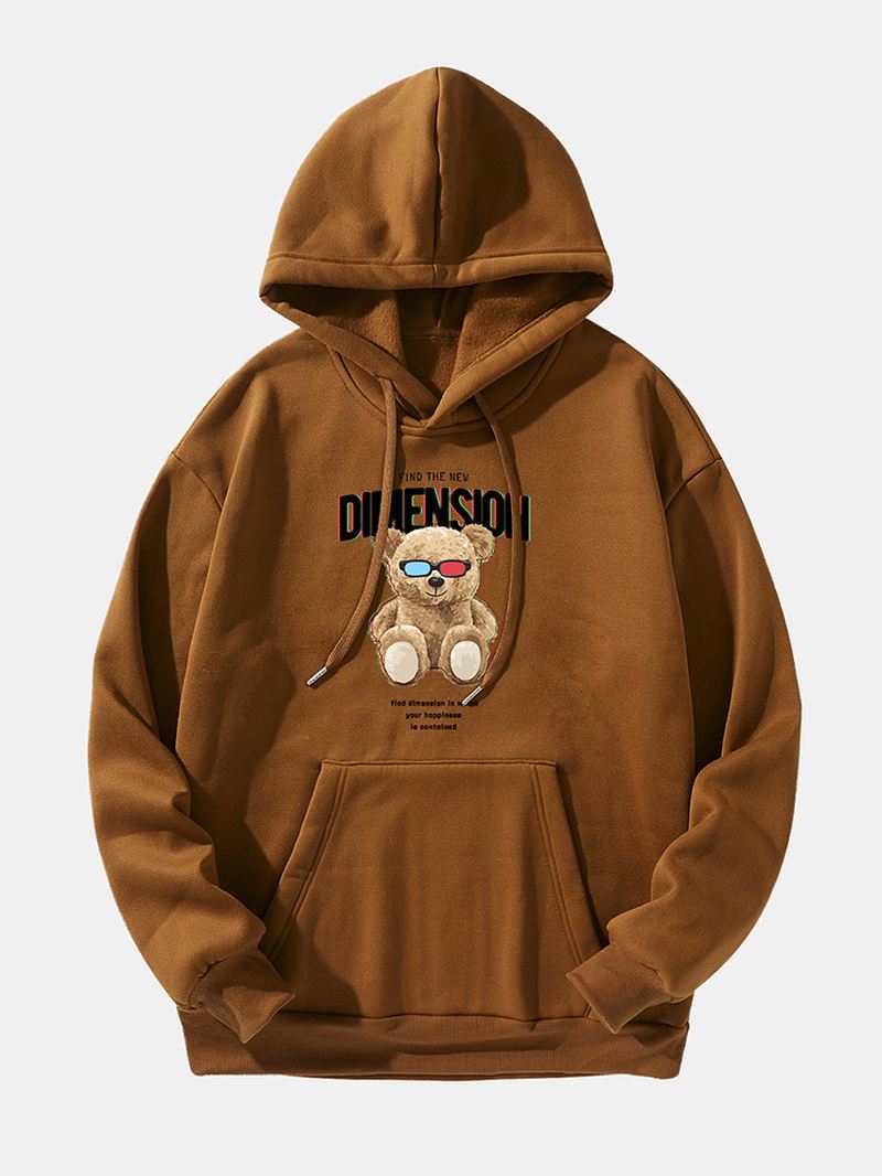 Mænd Teddy Bear Letter Printed Drop Shoulder Kangaroo Pocket Hooded Sweatshirt