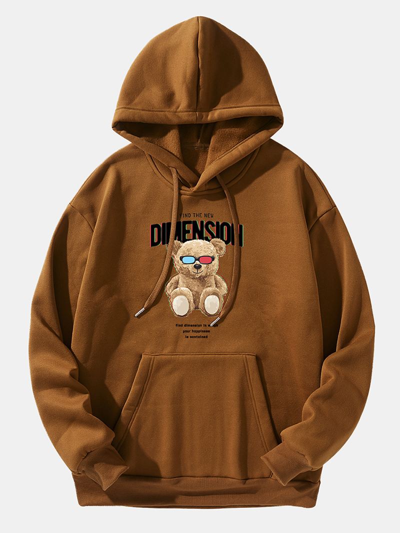 Mænd Teddy Bear Letter Printed Drop Shoulder Kangaroo Pocket Hooded Sweatshirt