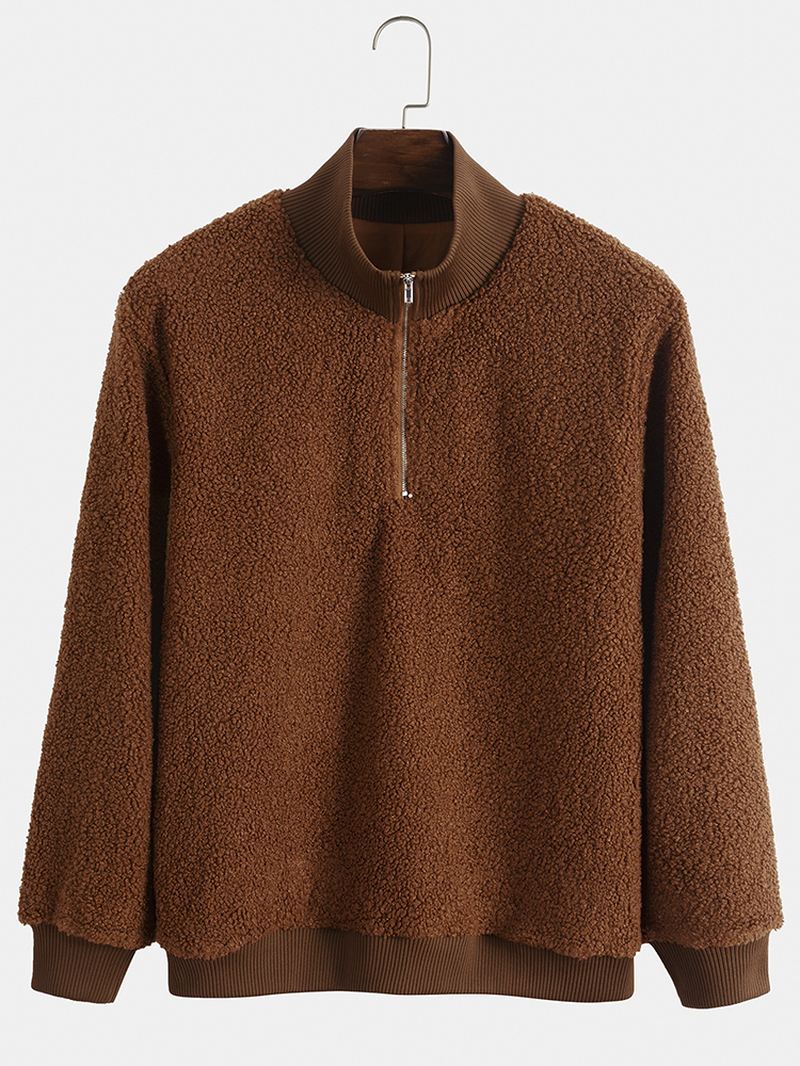 Mænd Teddy Fleece Højhals Ensfarvet Halv Zip Pullover Casual Sweatshirt