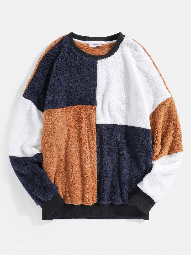 Mænd Teddy Patchwork Kontrastfarve Blok Langærmet Pullover Hættetrøjer