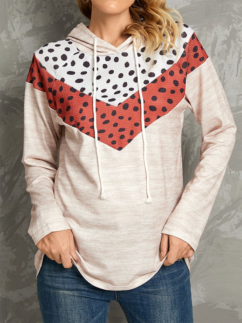 Polkadot Med Tryk Patchwork Casual Snøre Langærmet Rund Hals Hættetrøjer