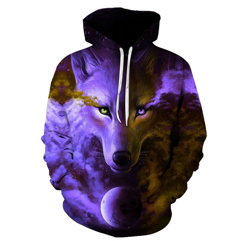 Purple Series Wolf 3d Digital Printing Wolf Casual Hættetrøje