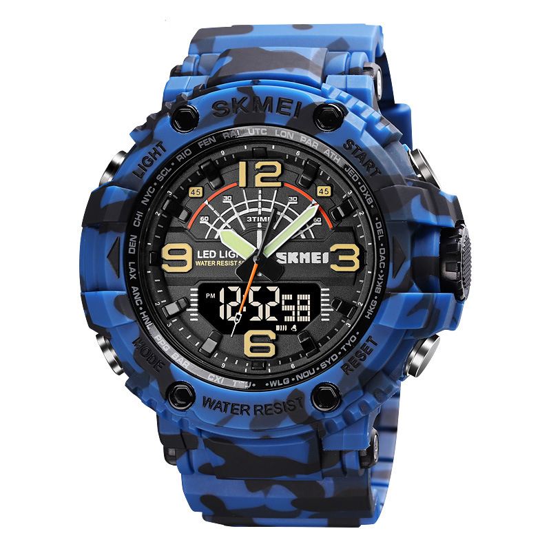 Led Lys Sport Herre Digital Watch 5atm Vandtæt Stopur Camouflage Dual Display Ur