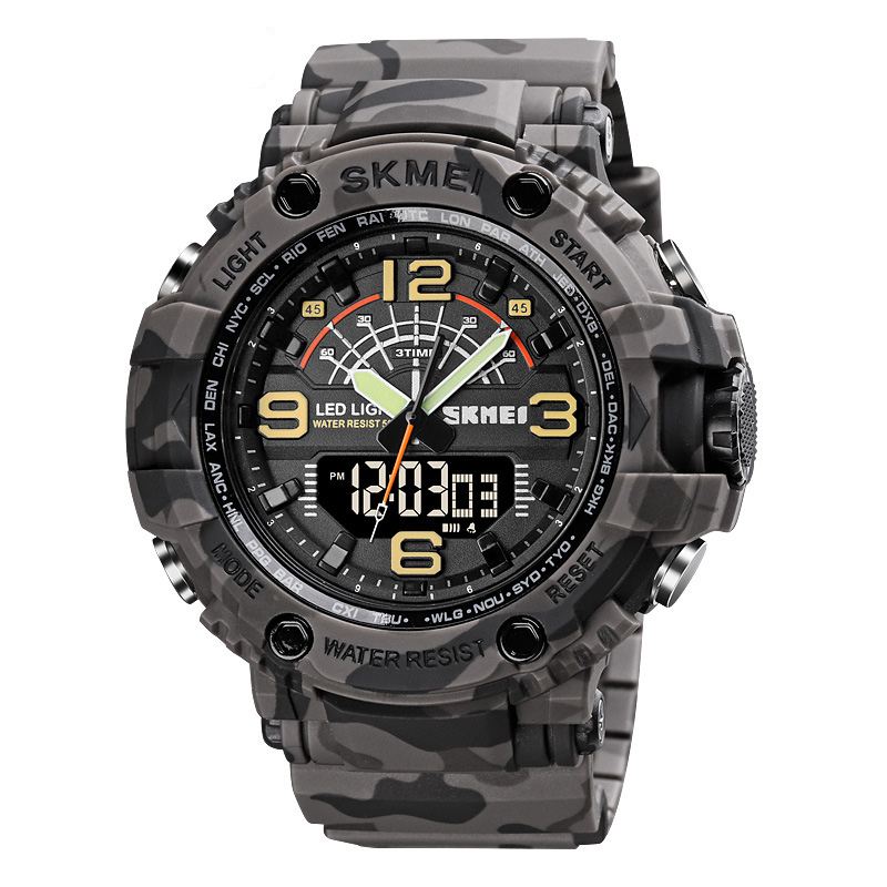 Led Lys Sport Herre Digital Watch 5atm Vandtæt Stopur Camouflage Dual Display Ur