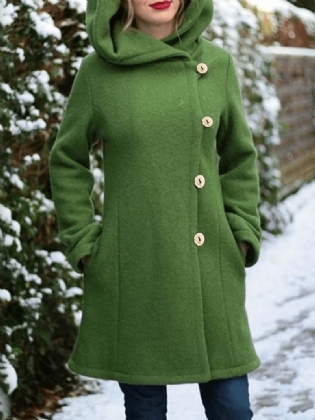 Dame Hooded Single-breasted Pocket Mid-længde Solid Colour Warm Coat