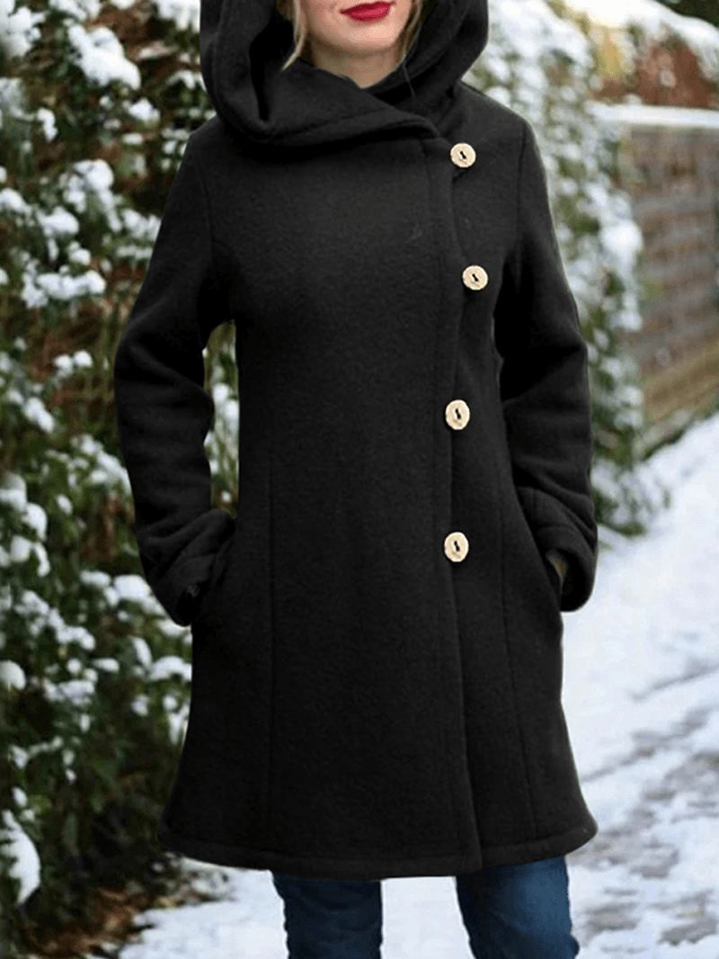 Dame Hooded Single-breasted Pocket Mid-længde Solid Colour Warm Coat