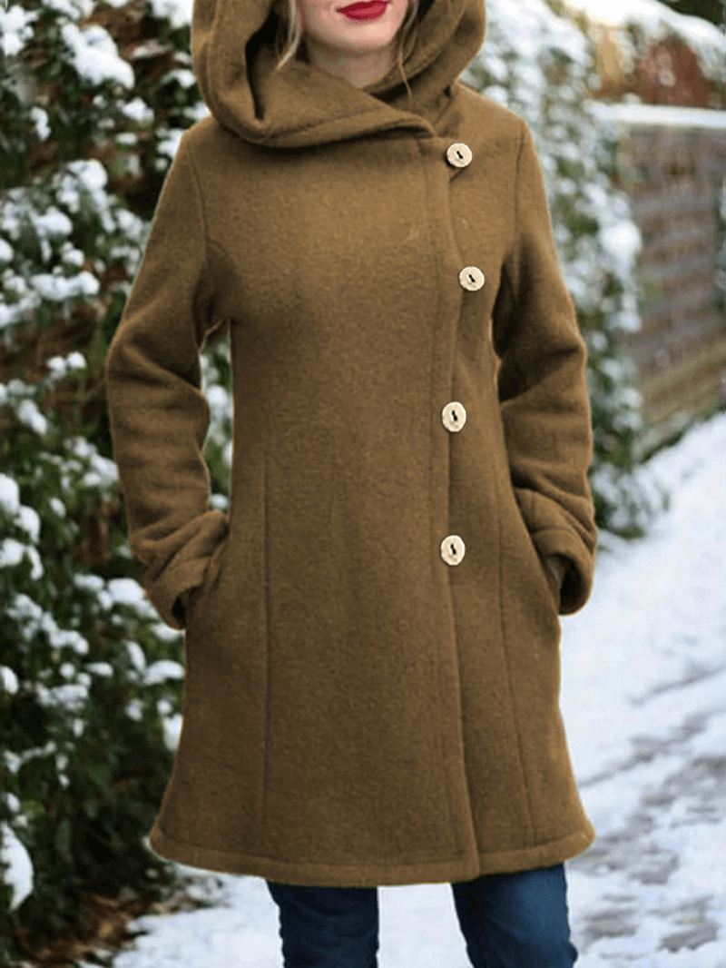 Dame Hooded Single-breasted Pocket Mid-længde Solid Colour Warm Coat