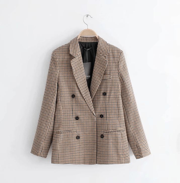 Dobbeltradet Kort Plaid Dame Blazer Langærmet Lomme Tweed Dame Blazer Vinterjakke Kontorsæt Kvinde