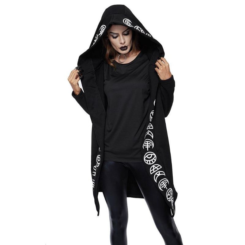 Efterår Gothic Afslappet Cool Chic Sort Plus Size Sweatshirts Til Kvinder Løse Bomuldshætte Med Almindeligt Tryk Punk-hættetrøjer Til Kvinder