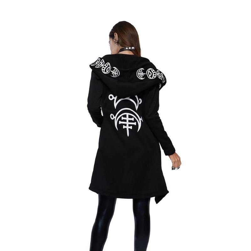 Efterår Gothic Afslappet Cool Chic Sort Plus Size Sweatshirts Til Kvinder Løse Bomuldshætte Med Almindeligt Tryk Punk-hættetrøjer Til Kvinder