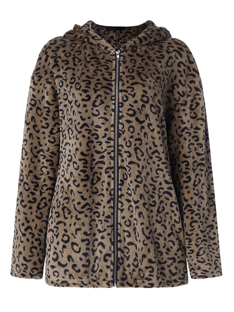 Kvinder Casual Zip Up Leopard Med Tryk Hættefrakker