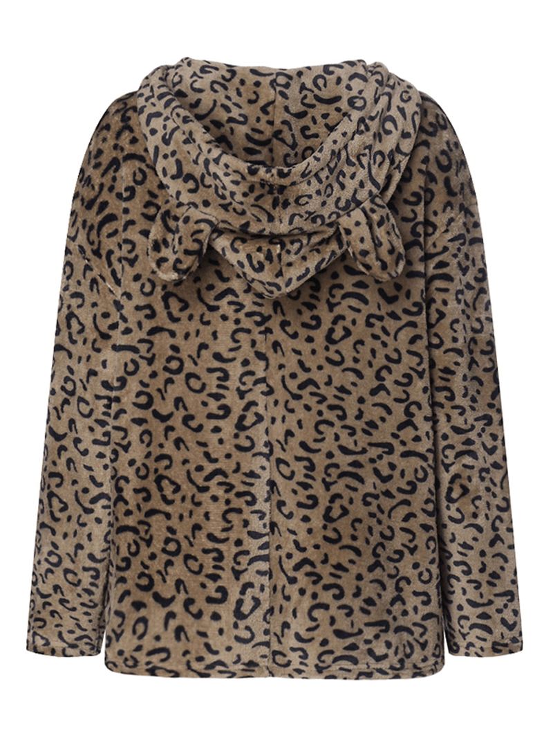 Kvinder Casual Zip Up Leopard Med Tryk Hættefrakker