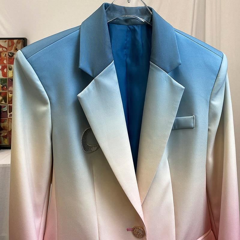 Kvinder Farverig Gradual Color Blazer New Lapel Langærmet Loose Fit Jakke Mode Tide Forår Efterår 2020 1z587