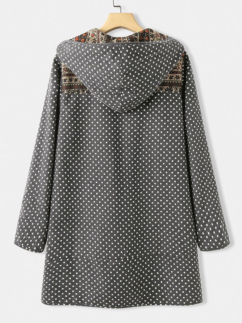 Polka Dot Langærmet Hætte Patchwork Fleece Side Pocket Coats Til Kvinder