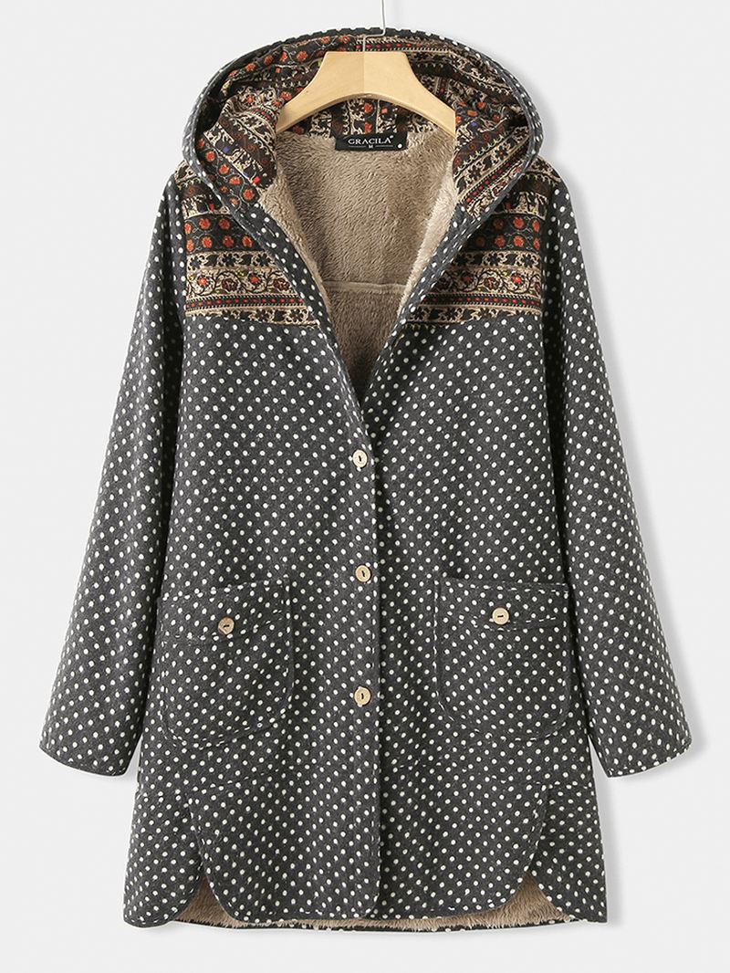 Polka Dot Langærmet Hætte Patchwork Fleece Side Pocket Coats Til Kvinder