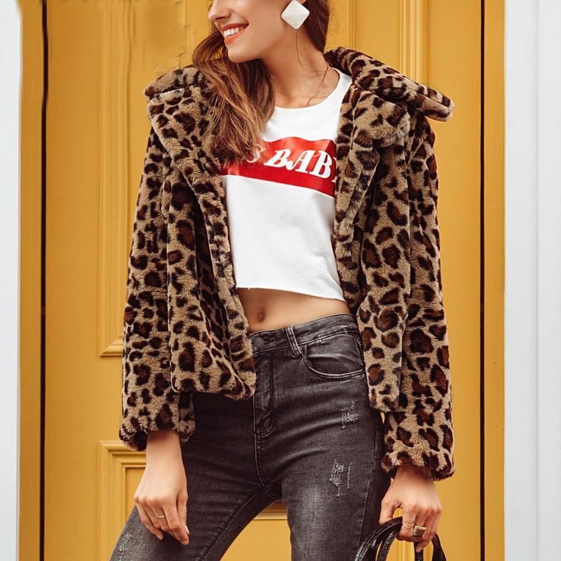 Streetwear Leopardprint Imiteret Pels Frakke Kvinder Blød Kort Vinterjakke Frakke Kvinde Afslappet Knaplomme Outwear 2018