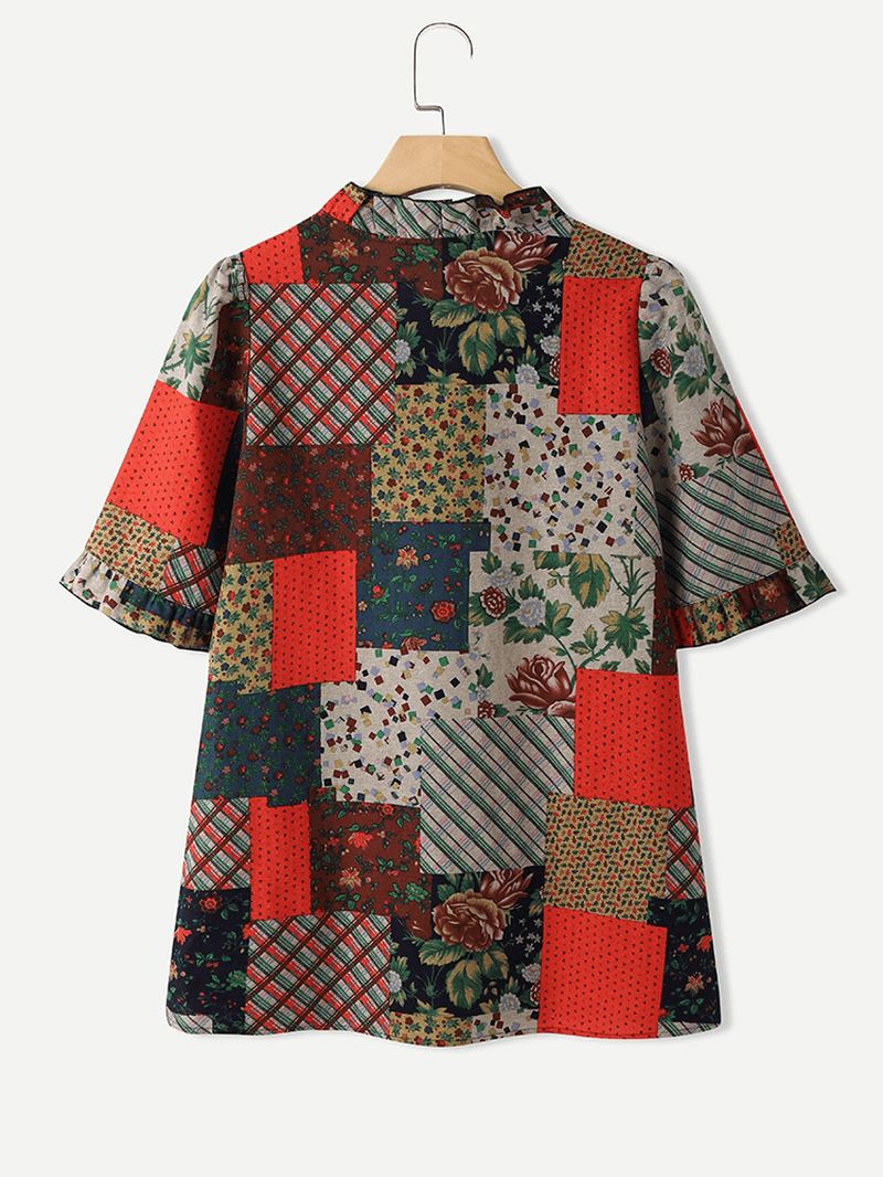 100% Bomuld Patchwork Printet Afslappet Bluse Til Kvinder