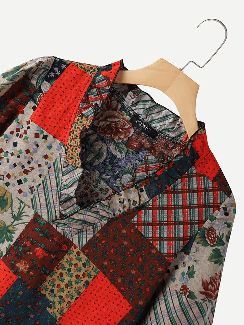 100% Bomuld Patchwork Printet Afslappet Bluse Til Kvinder