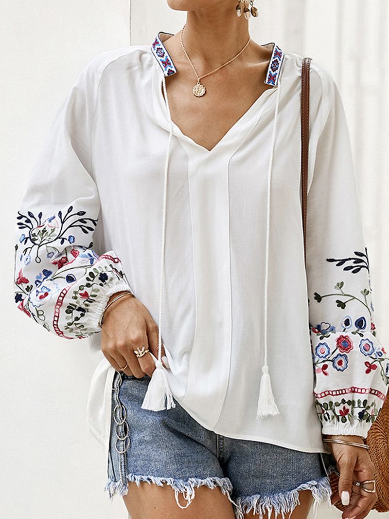 Blomsterbroderi V-hals Snøre Manchetter Casual Bluse