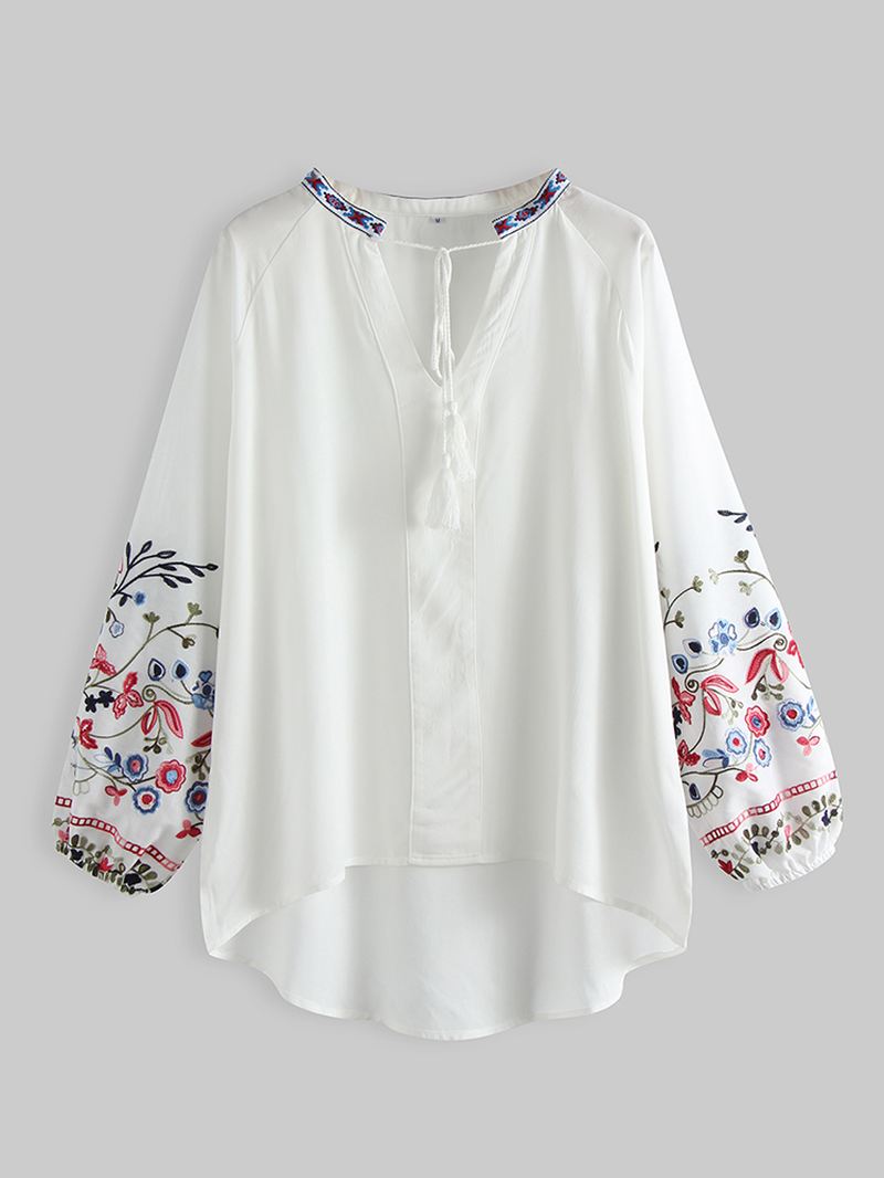 Blomsterbroderi V-hals Snøre Manchetter Casual Bluse