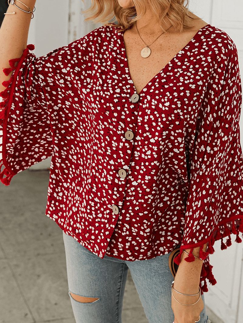 Bohemian Polka Dot Med Tryk Floral V-hals Casual Tassel Bluse