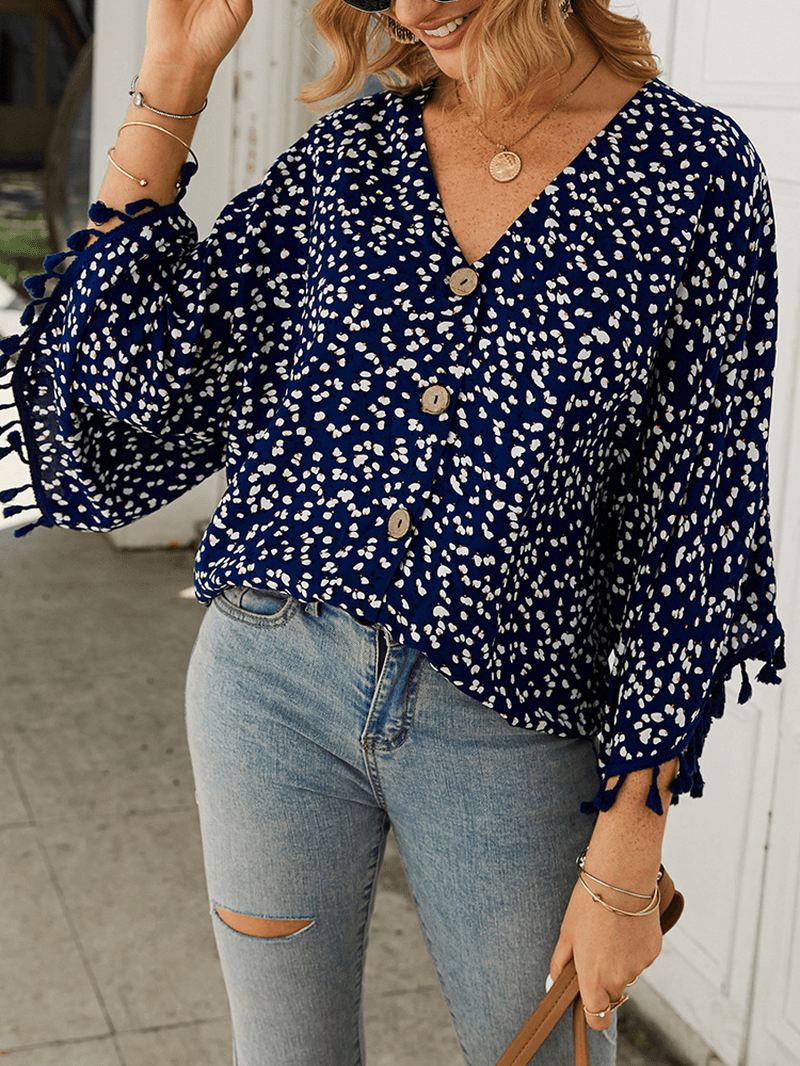 Bohemian Polka Dot Med Tryk Floral V-hals Casual Tassel Bluse